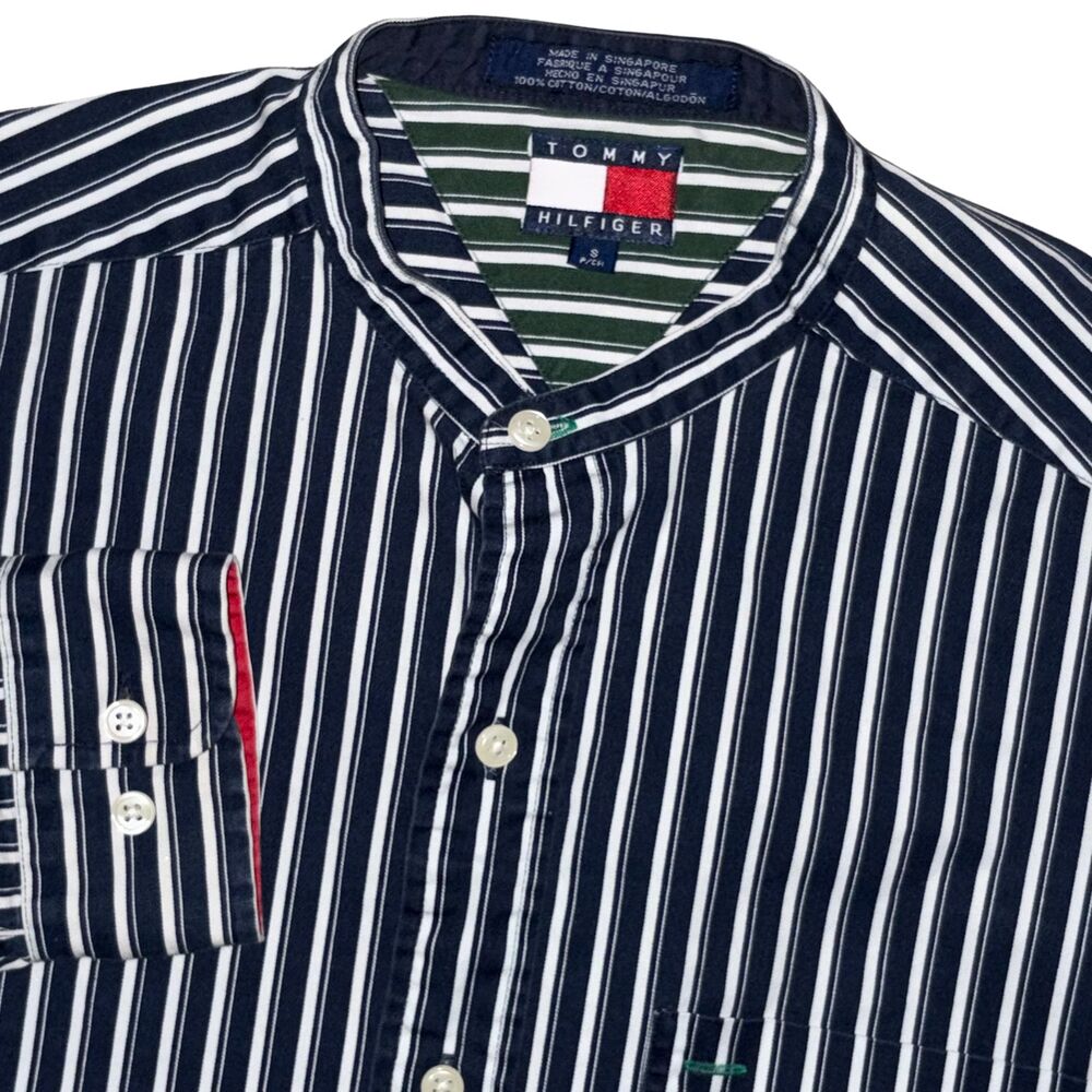 VTG Tommy Hilfiger Mens S Band Collar Stripe Button Up Crest Cotton Shirt